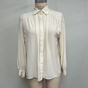 Vintage 80s Evan Picone Hidden Button Ivory Dress Shirt Blouse Large Size 14